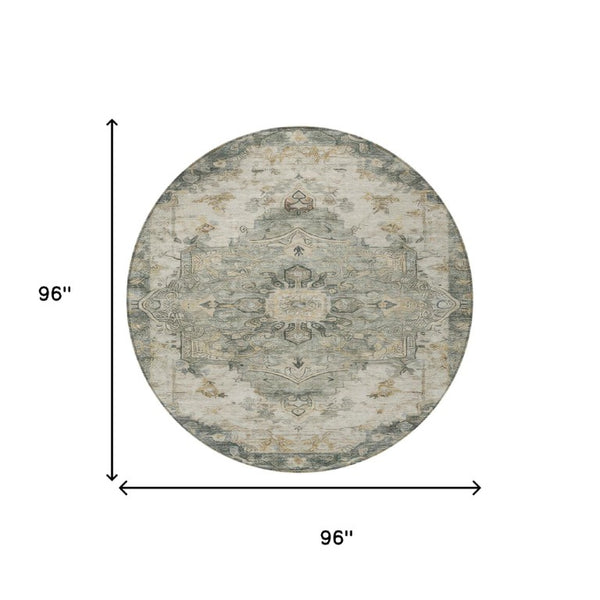 8 Foot Round Medallion Floral Polyester Rug Washable for Patio Porch or Family Room