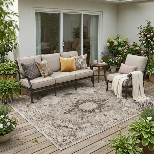 5x8 Beige Brown Floral Medallion Polyester Area Rug Washable for Patio or Living Room