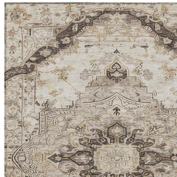 5x8 Beige Brown Floral Medallion Polyester Area Rug Washable for Patio or Living Room
