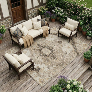 8x10 Beige Brown Floral Medallion Polyester Area Rug for Indoor Outdoor Living