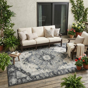 5x8 Washable Polyester Area Rug with Floral Medallion Pattern for Indoor Outdoor Use