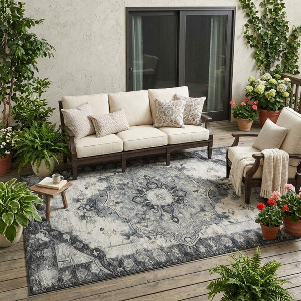 5x8 Washable Polyester Area Rug with Floral Medallion Pattern for Indoor Outdoor Use