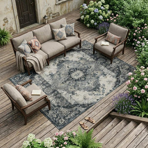 9x12 Floral Medallion Polyester Area Rug Stain Resistant Washable Indoor Outdoor