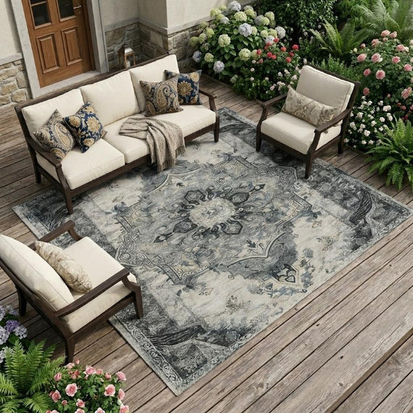 10 Ft X 14 Ft Washable Polyester Area Rug Floral Medallion for Patio or Living Room