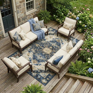 9 X 12 Navy Floral Medallion Polyester Area Rug Washable for Patio or Living Room