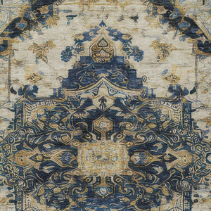 9 X 12 Navy Floral Medallion Polyester Area Rug Washable for Patio or Living Room