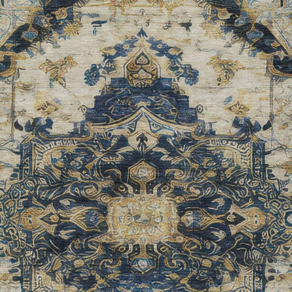 9 X 12 Navy Floral Medallion Polyester Area Rug Washable for Patio or Living Room