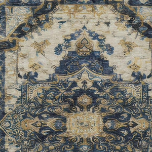 9 X 12 Navy Floral Medallion Polyester Area Rug Washable for Patio or Living Room