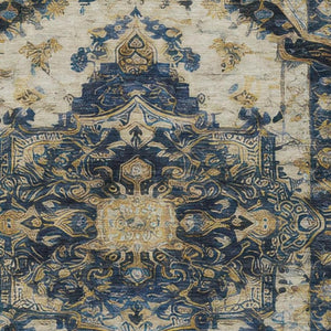 9 X 12 Navy Floral Medallion Polyester Area Rug Washable for Patio or Living Room