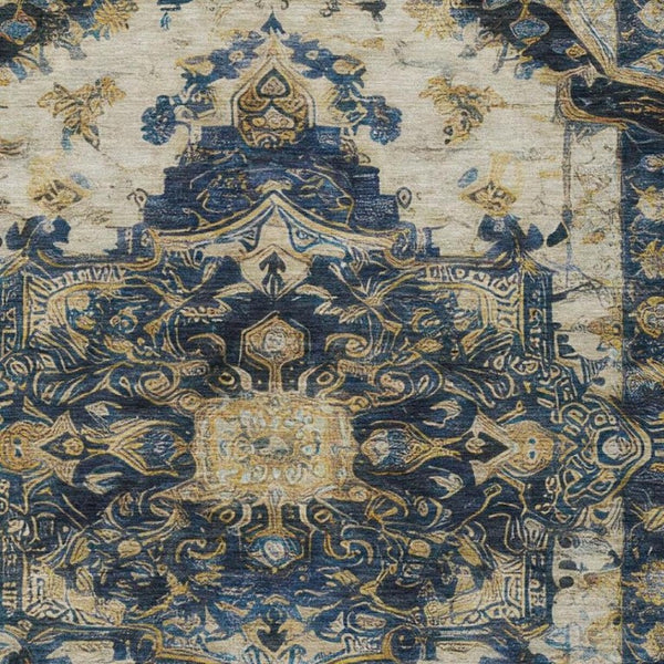 9 X 12 Navy Floral Medallion Polyester Area Rug Washable for Patio or Living Room