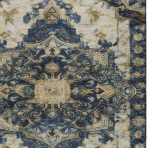 9 X 12 Navy Floral Medallion Polyester Area Rug Washable for Patio or Living Room