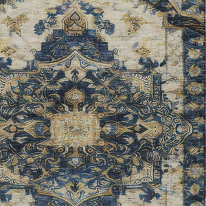 9 X 12 Navy Floral Medallion Polyester Area Rug Washable for Patio or Living Room