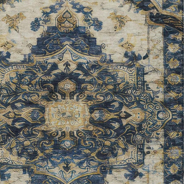 9 X 12 Navy Floral Medallion Polyester Area Rug Washable for Patio or Living Room