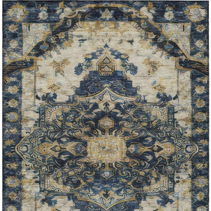 9 X 12 Navy Floral Medallion Polyester Area Rug Washable for Patio or Living Room