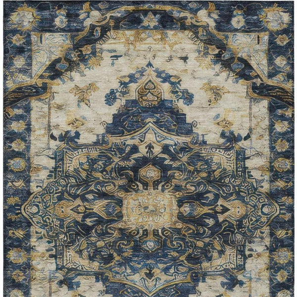 9 X 12 Navy Floral Medallion Polyester Area Rug Washable for Patio or Living Room