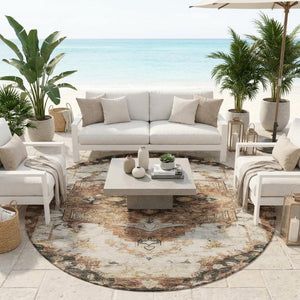 8 Ft Round Floral Medallion Polyester Area Rug Washable Indoor Outdoor Patio Use