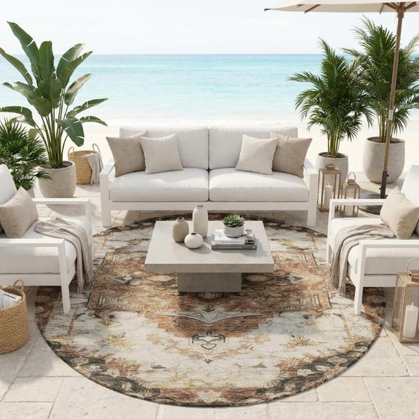 8 Ft Round Floral Medallion Polyester Area Rug Washable Indoor Outdoor Patio Use