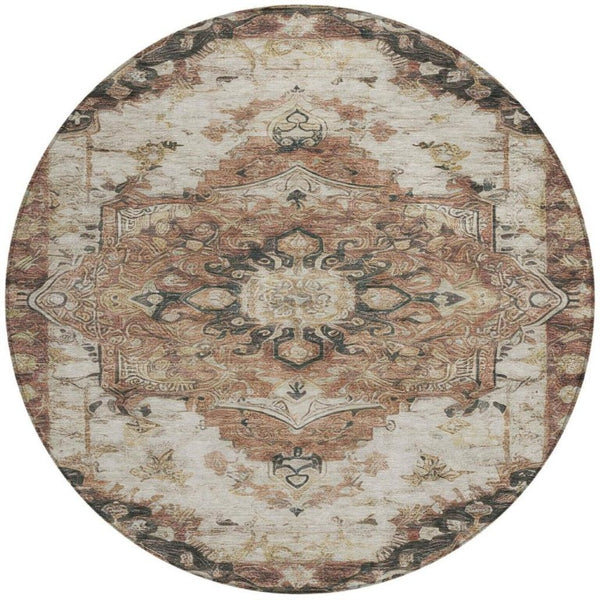 8 Ft Round Floral Medallion Polyester Area Rug Washable Indoor Outdoor Patio Use