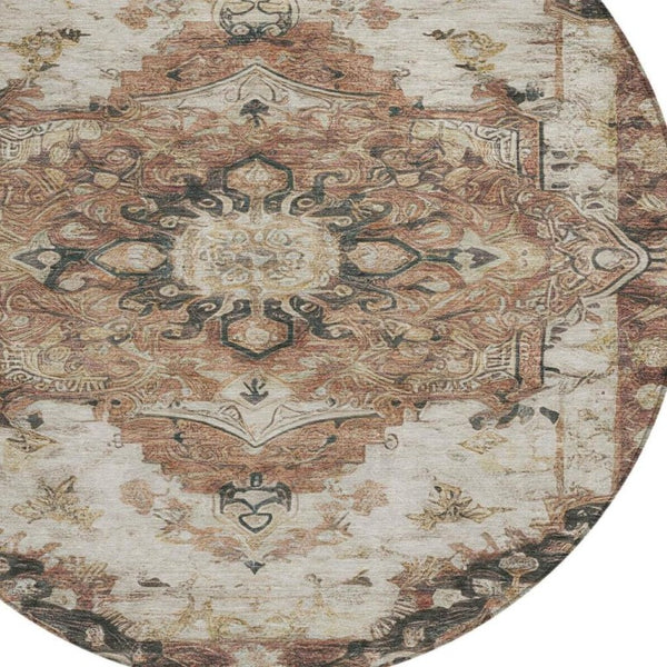 8 Ft Round Floral Medallion Polyester Area Rug Washable Indoor Outdoor Patio Use