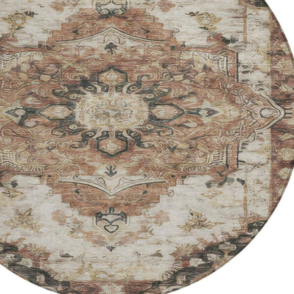 8 Ft Round Floral Medallion Polyester Area Rug Washable Indoor Outdoor Patio Use