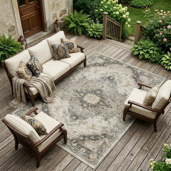 10 Ft Medallion Floral Polyester Area Rug Stain Resistant for Indoor Outdoor Use