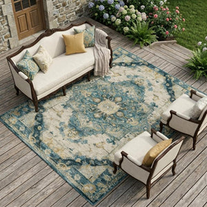 8x10 Teal Graphite Medallion Polyester Area Rug Stain Resistant for Patio or Living Room