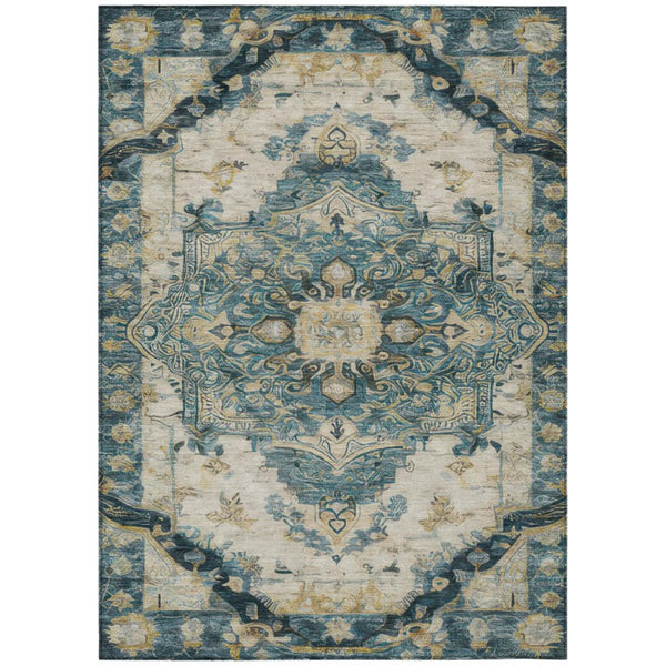 HomeRoots 8x10 Teal Graphite Medallion Polyester Area Rug Stain Resistant for Patio or Living Room 746143