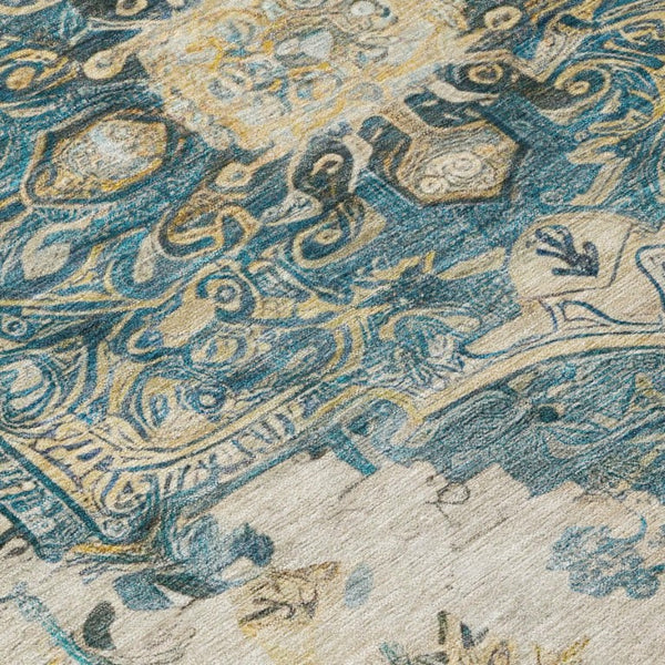 8x10 Teal Graphite Medallion Polyester Area Rug Stain Resistant for Patio or Living Room