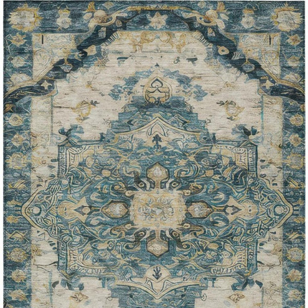 8x10 Teal Graphite Medallion Polyester Area Rug Stain Resistant for Patio or Living Room