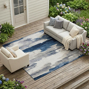 8 X 10 Abstract Polyester Area Rug Washable Indoor Outdoor Blue Silver Accent