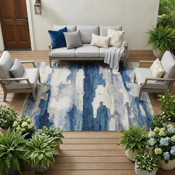 10 X 14 Abstract Polyester Area Rug Washable Stain Resistant Indoor Outdoor Blue