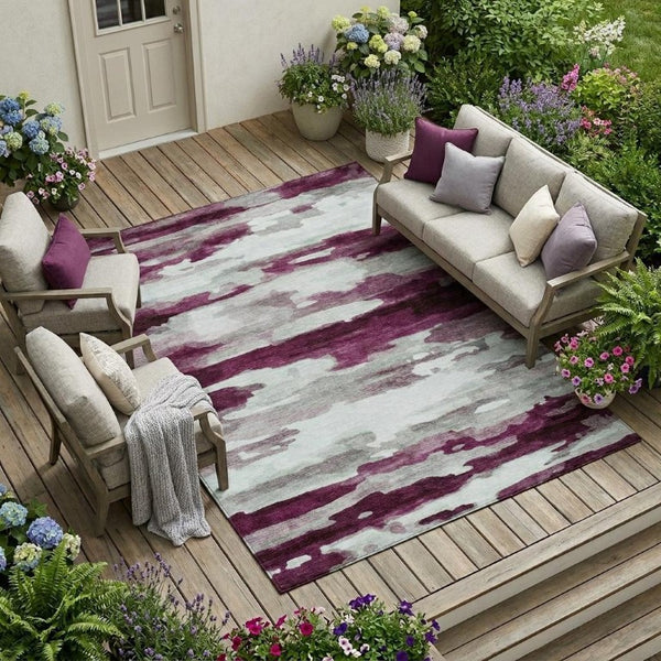 8 X 10 Abstract Merlot Polyester Area Rug Washable for Patio Porch or Living Room