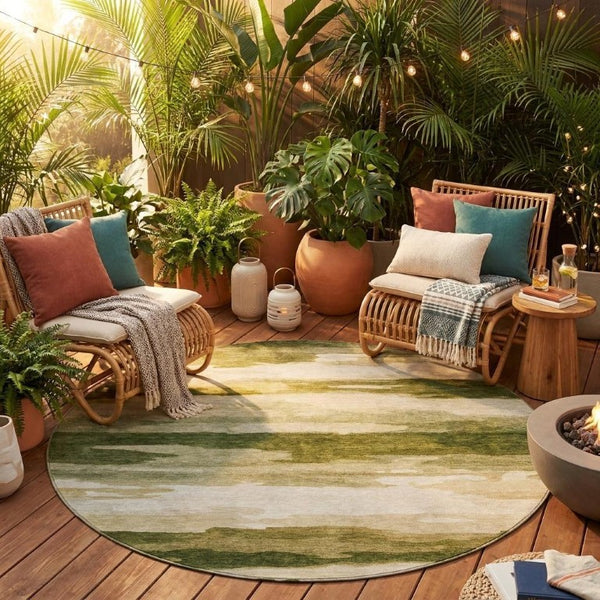 8 Foot Olive Green Abstract Round Polyester Rug Washable for Indoor Outdoor Use