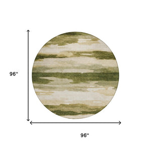 8 Foot Olive Green Abstract Round Polyester Rug Washable for Indoor Outdoor Use
