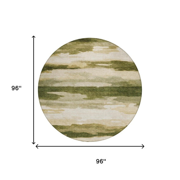 8 Foot Olive Green Abstract Round Polyester Rug Washable for Indoor Outdoor Use