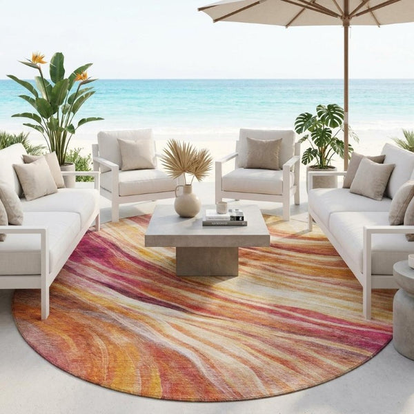 8 Ft Round Abstract Blush Polyester Area Rug Stain Resistant for Patio or Playroom