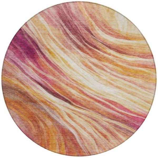 8 Ft Round Abstract Blush Polyester Area Rug Stain Resistant for Patio or Playroom