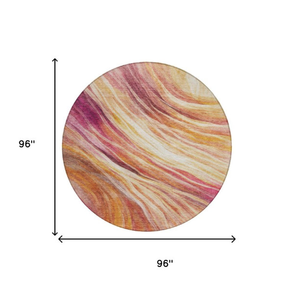 8 Ft Round Abstract Blush Polyester Area Rug Stain Resistant for Patio or Playroom