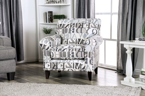 English Elm 1pc Coastal Blue-Gray Accent Chair with Patterned Fabric, Medium Density Foam, Wooden Legs, Chic Transitional Design Gray,Ivory 38 L x 32 W x 33 H B2741P376929