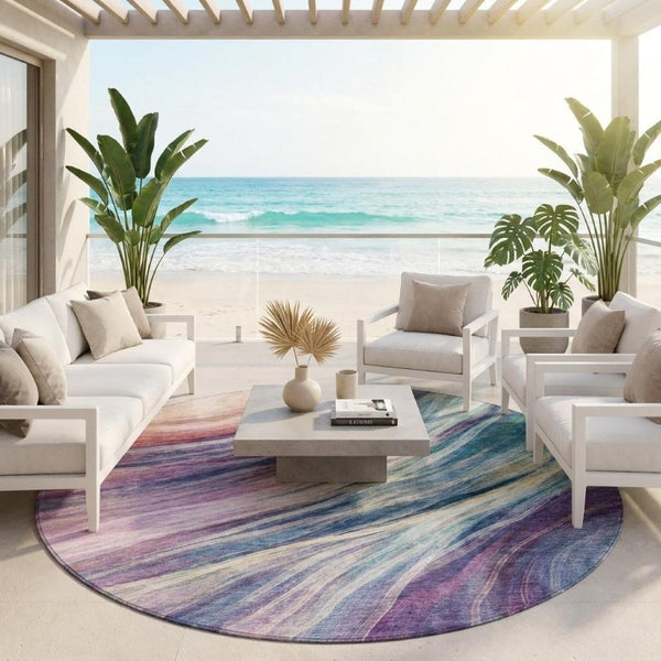 8 Ft Round Abstract Polyester Area Rug Washable Teal Lavender Indoor Outdoor