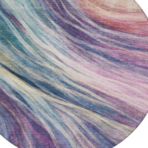 HomeRoots 8 Ft Round Abstract Polyester Area Rug Washable Teal Lavender Indoor Outdoor 746202