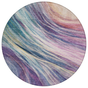 8 Ft Round Abstract Polyester Area Rug Washable Teal Lavender Indoor Outdoor