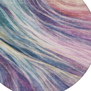 8 Ft Round Abstract Polyester Area Rug Washable Teal Lavender Indoor Outdoor