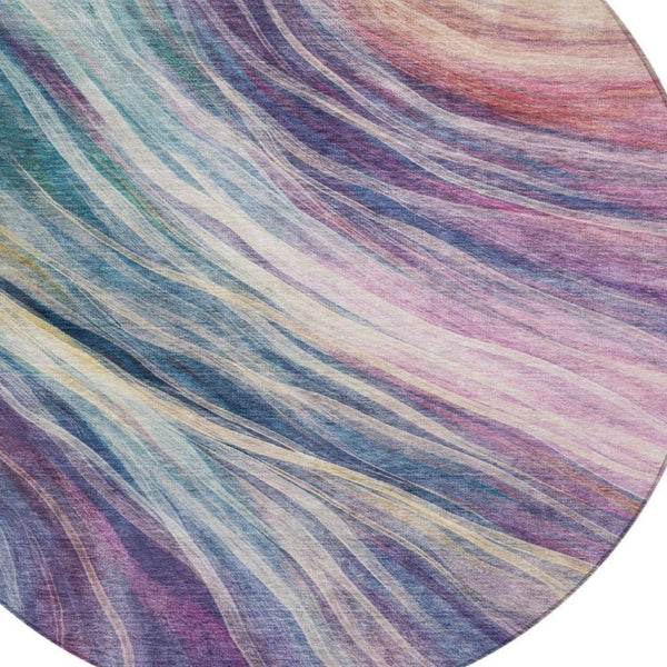 8 Ft Round Abstract Polyester Area Rug Washable Teal Lavender Indoor Outdoor