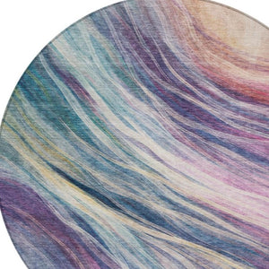 8 Ft Round Abstract Polyester Area Rug Washable Teal Lavender Indoor Outdoor