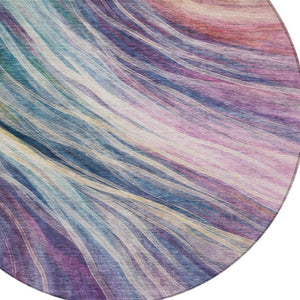 8 Ft Round Abstract Polyester Area Rug Washable Teal Lavender Indoor Outdoor