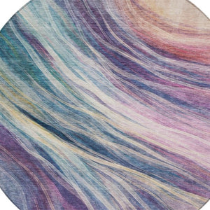 8 Ft Round Abstract Polyester Area Rug Washable Teal Lavender Indoor Outdoor