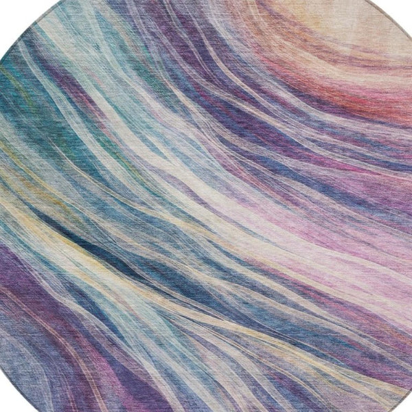 8 Ft Round Abstract Polyester Area Rug Washable Teal Lavender Indoor Outdoor
