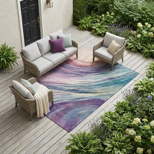 8 X 10 Abstract Teal Lavender Polyester Area Rug Washable for Patio or Living Room