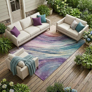 9 X 12 Abstract Teal Lavender Polyester Area Rug Washable for Indoor Outdoor Use